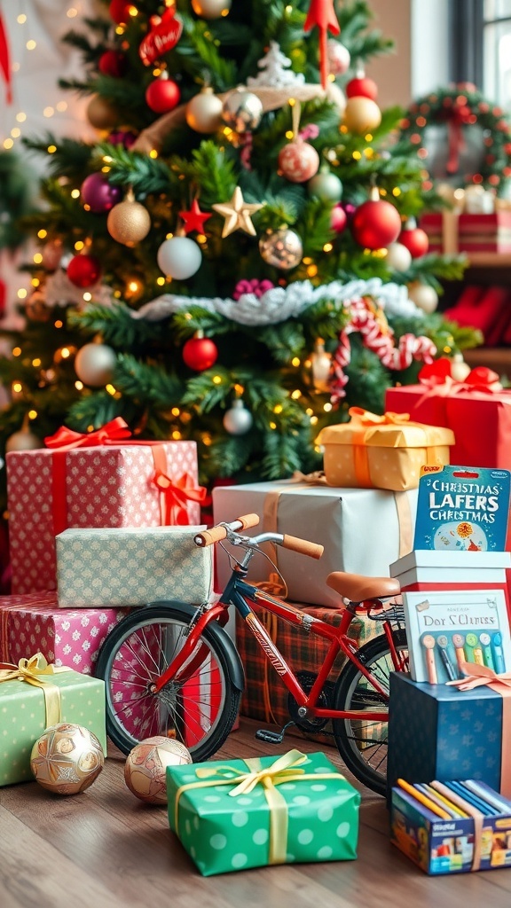 A collection of Christmas gifts including art supplies, books, and a bicycle under a decorated tree.